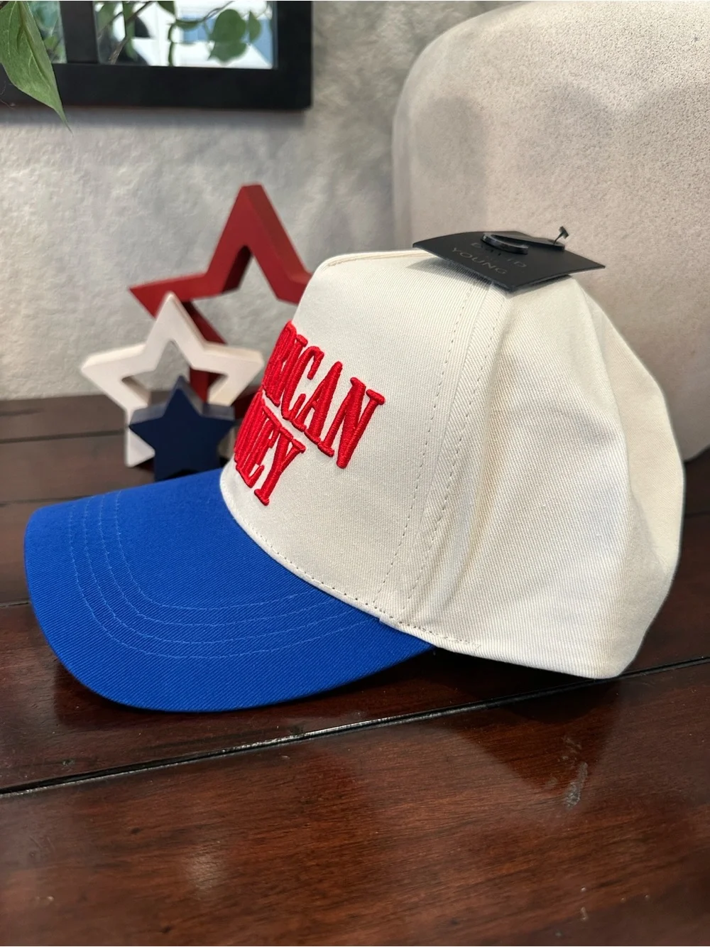 David and Young White Hat with Blue Bill and Red Embroidery